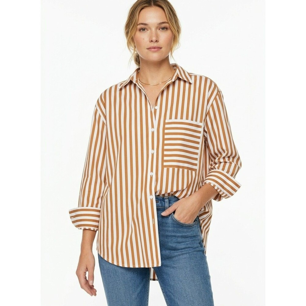 AYR The Deep End Stripe Button Down Shirt Top Brown White Cotton X-Small